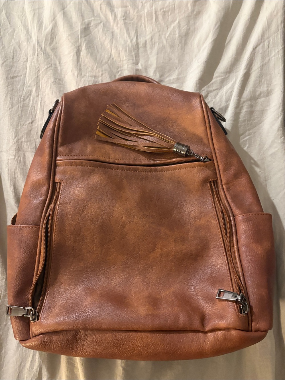 Classic Tan Men's Leather Backpack with Tassel